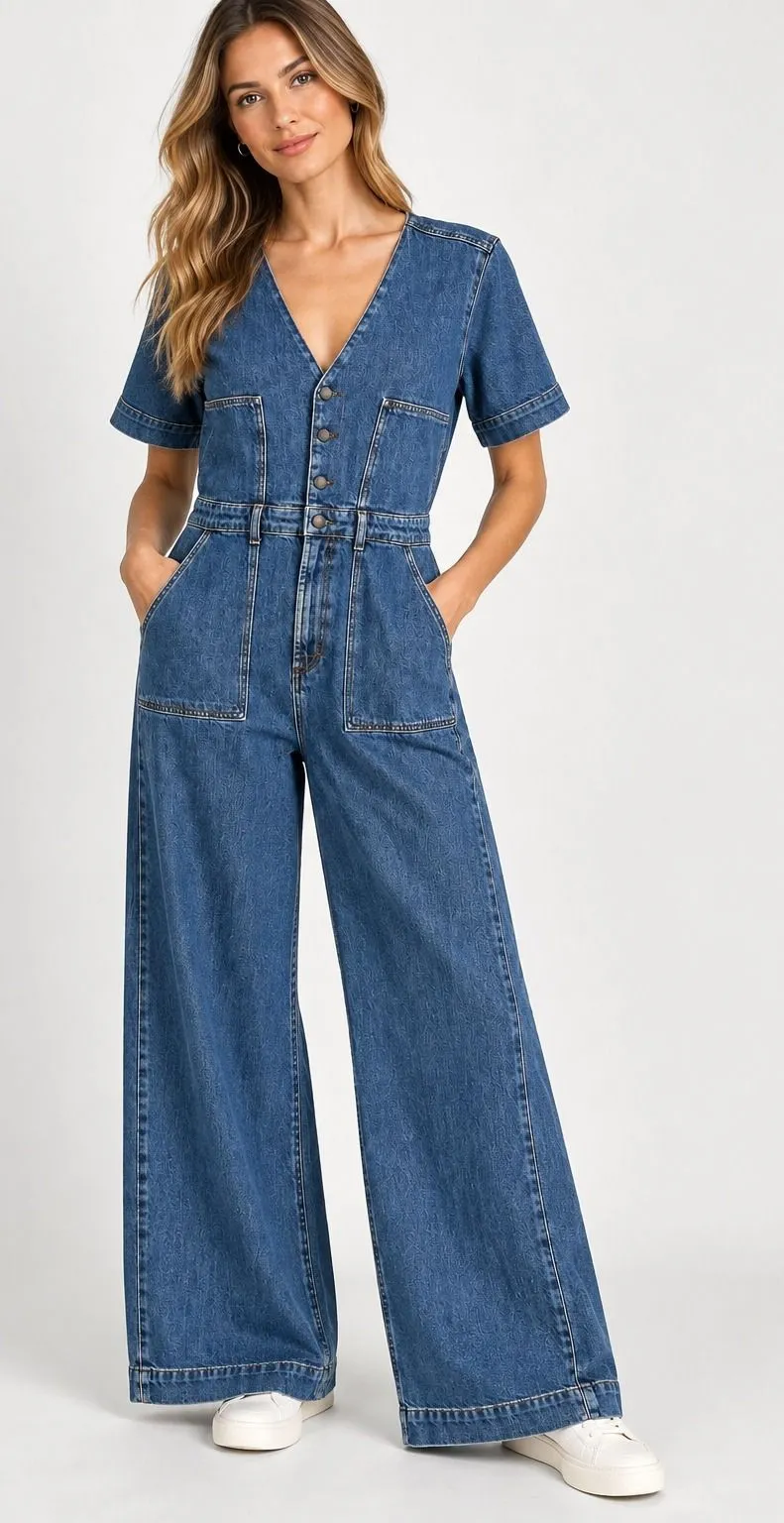 Rails Blue Moon Denim Jumpsuit Wide Leg V-Neck Button Front Blue XXL