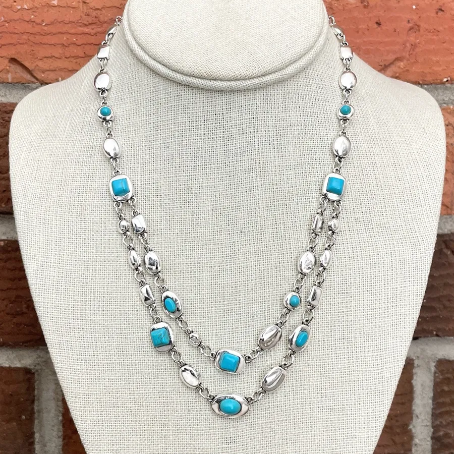 Layered Turquoise and Silver Geometric Necklace Blue