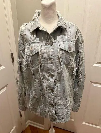 True Religion Women's Distressed Denim Jacket Blue Size M Casual Button Front