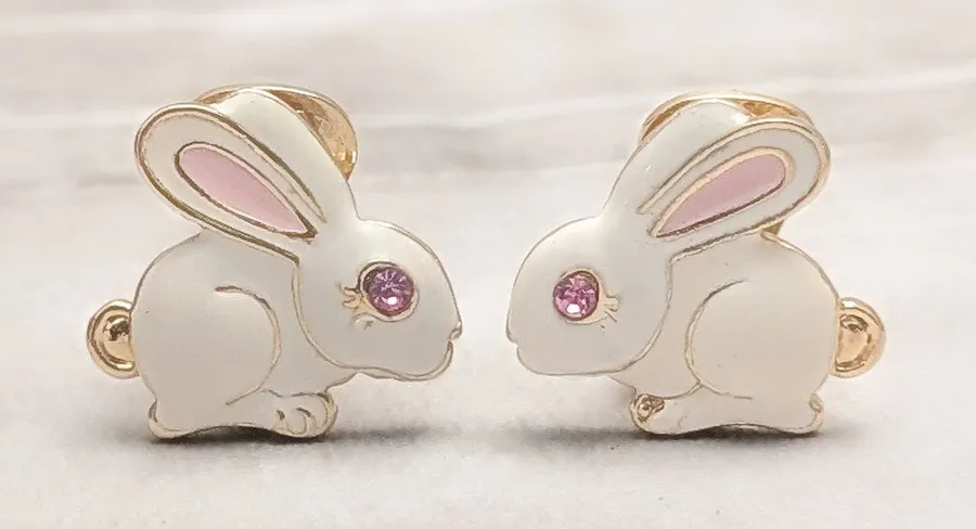 Vintage Clip On Earrings Enamel White Rabbit