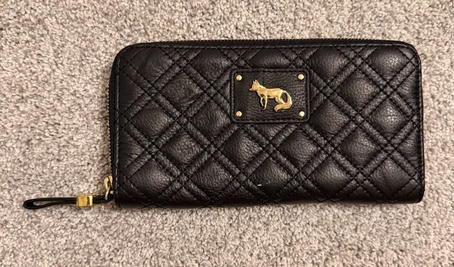 Black Quilted Leather Zip Wallet with Gold Fox Accent