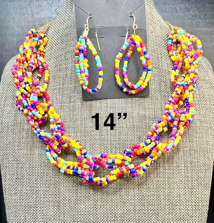 Multicolor Seed Bead Twist Necklace and Hoop Earrings Set Pink