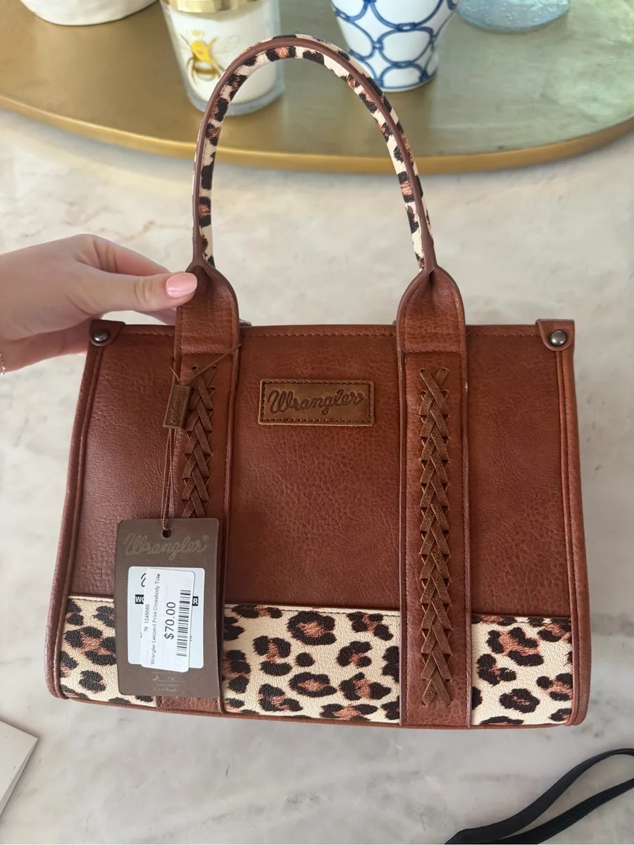 Wrangler Brown Tote with Leopard Accent and Braided Straps