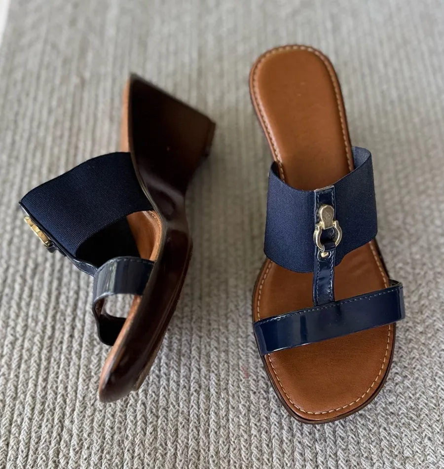 Italian Shoemakers Navy and Brown Slide Wedge Sandals with Gold Detail Size 8