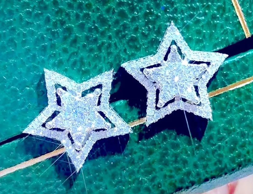 NEW LARGE SPARKLING STAR EARRINGS, WHITE GOLD STERLING SILVER, SILVER EARRINGS