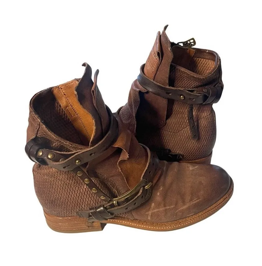 AS 98 Brown Airstep Ankle Boots Straps Side Zip Distressed Made in Italy Size 38