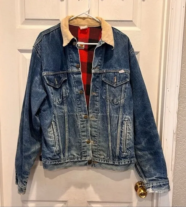 Vtg Carhartt Denim Jean Trucker Jacket Flannel Lined 100 Year Plaid Large