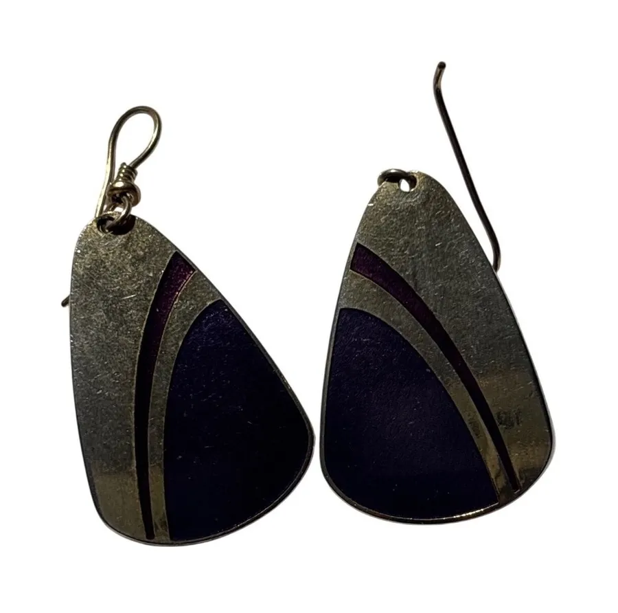 Laurel Burch Earrings Women Purple Silver Vintage Teardrop Enamel Boho Dangle Purple