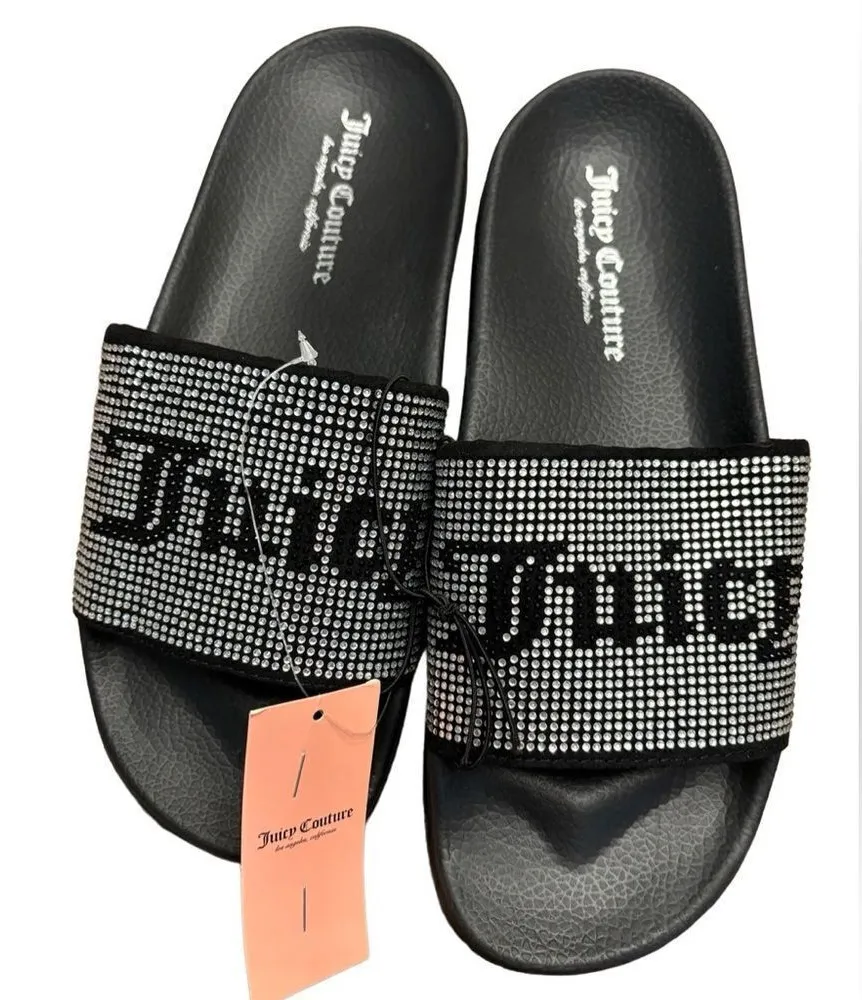 NWT Juicy Couture Wander Rhinestone Slide Sandals Black Size 7