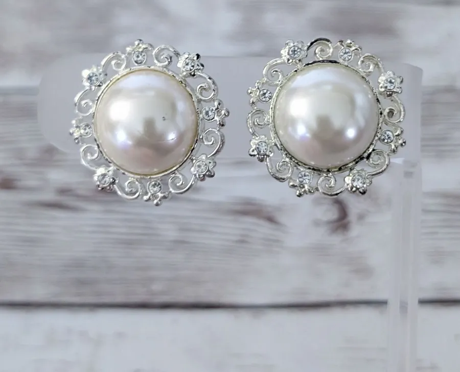 Vintage Avon Clip On Earrings Faux Pearl, Clear Gem