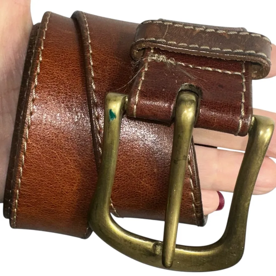 Vintage Y2K Size M Brown Leather Square Brass Buckle Belt