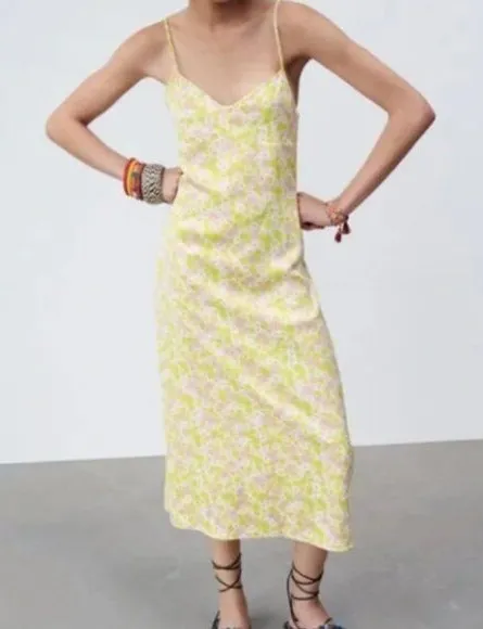 Zara Satin Slip Dress Womens Size Large Printed Sleeveless Floral Midi