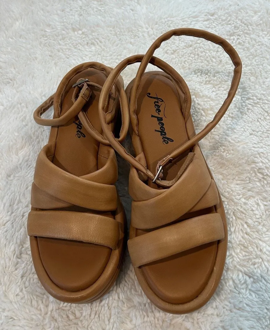 Free People Harper Platform Puffy Ankle Strap Sandal Leather Tan 39.5 Boho Indie