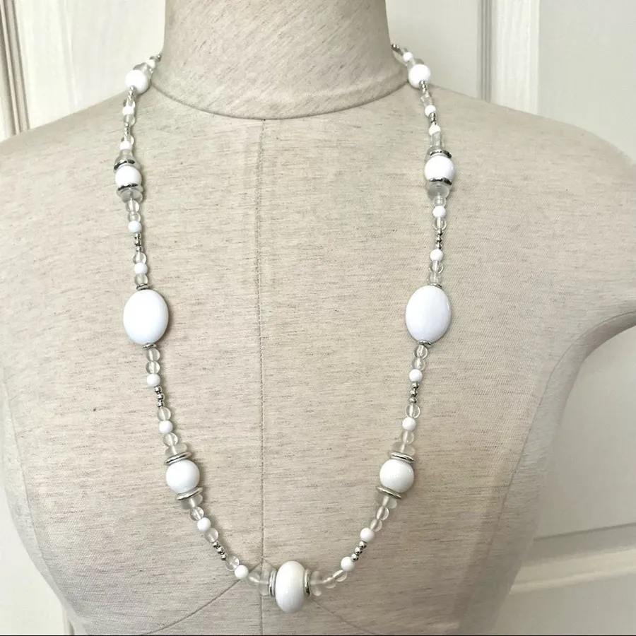 Silver tone white and clear beaded necklace