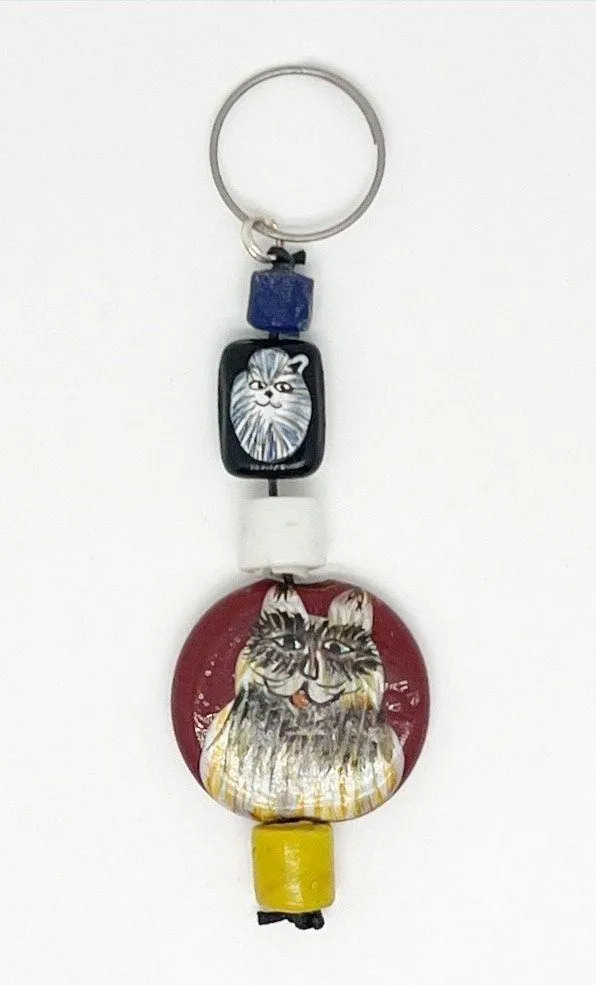 Handmade Painted Cat Bead Keychain Hand Crafted Artisan Red