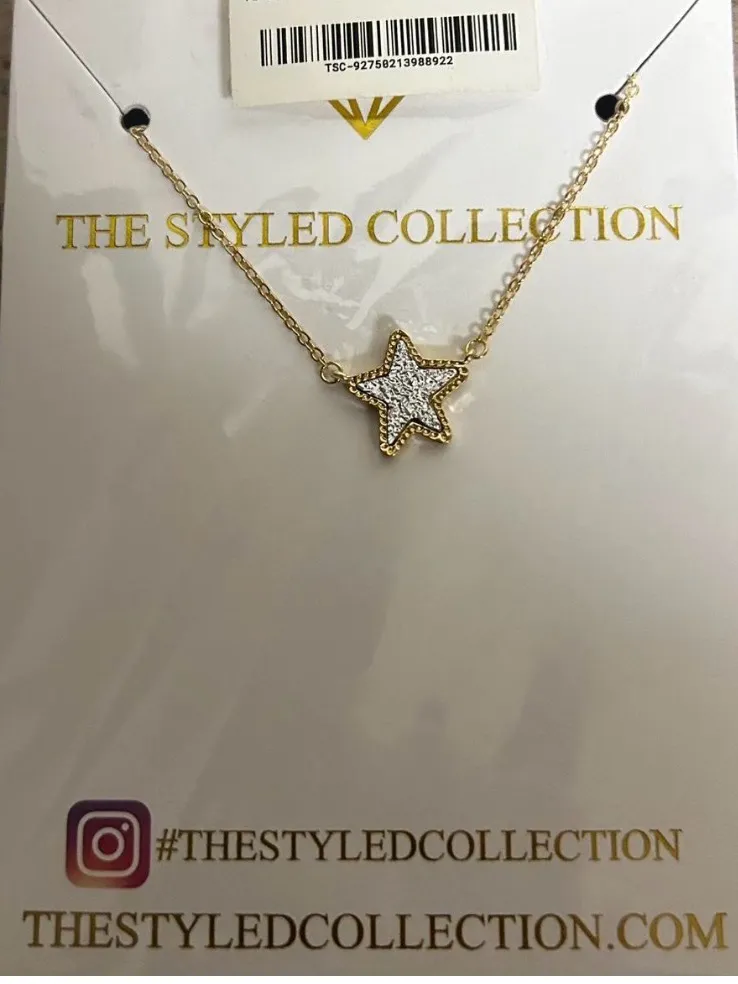 Gold Star Pendant Necklace with White Crystal Fill