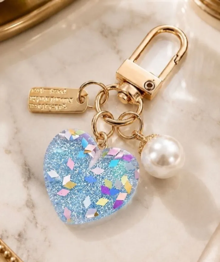 NEW Blue Glitter Heart Pearl Gold Bag Charm Key Ring NWT