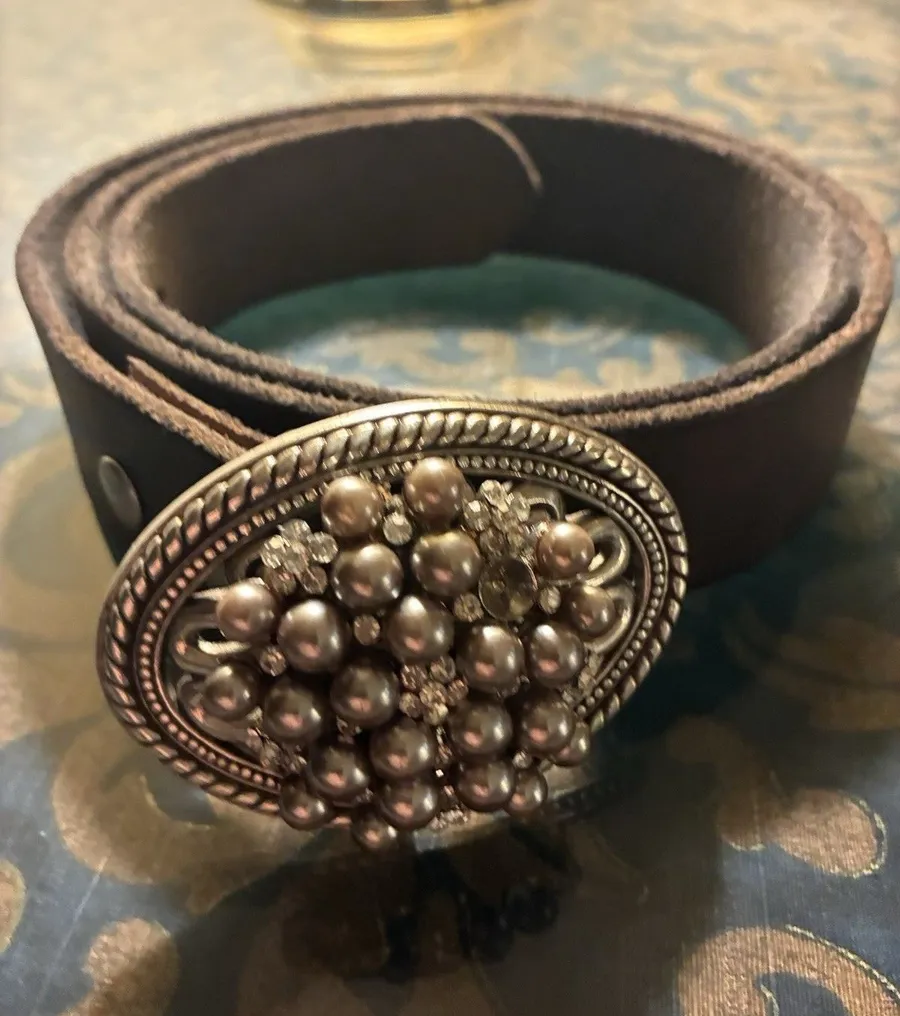 Vintage Women’s Faux Pearl and Rhinestone Large Leather Belt 38