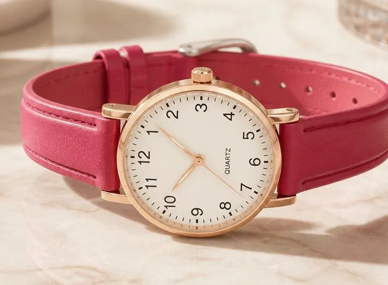 Women's Red Leather Strap Quartz Watch Pink
