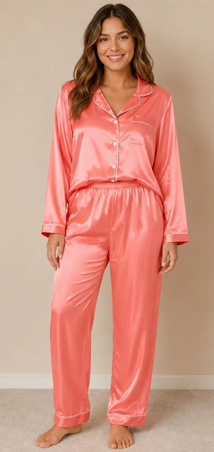 Coral Satin Button Front Pajama Set Pink Size L