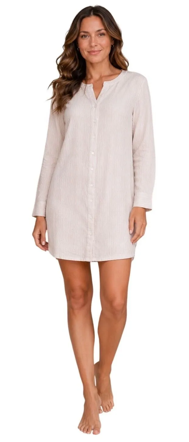 Antibes Blanc Linen Blend Metallic Stripe Swim Cover Up Tunic Dress Gold Size L