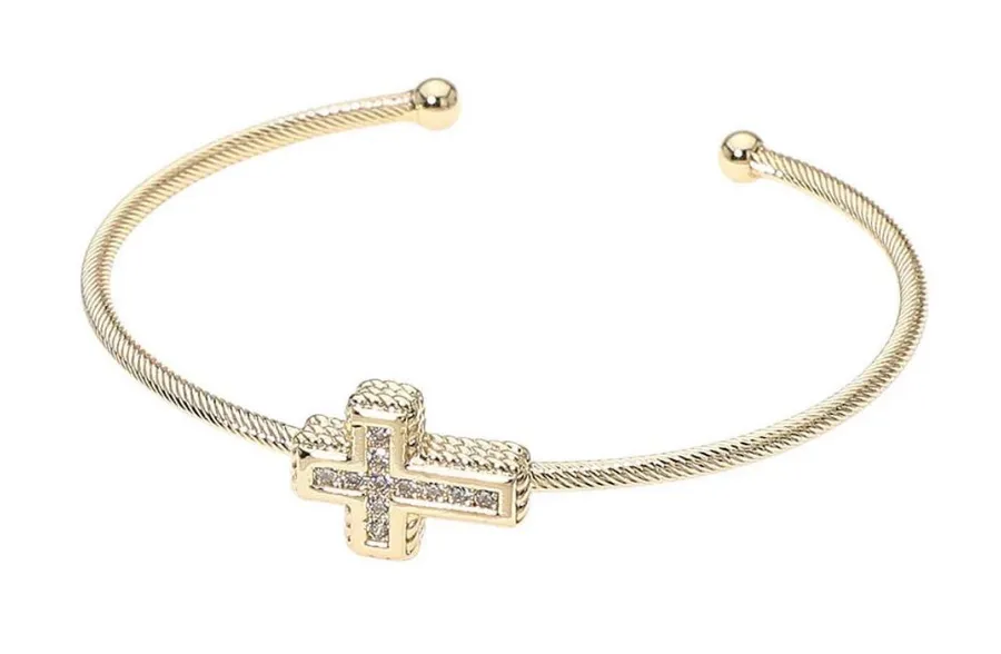 14K Gold Plated CZ Stone Paved Cross Accent Cuff Bracelet