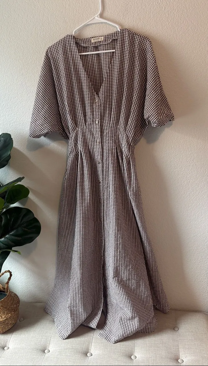 Gingham V-Neck Midi Dress in Brown white