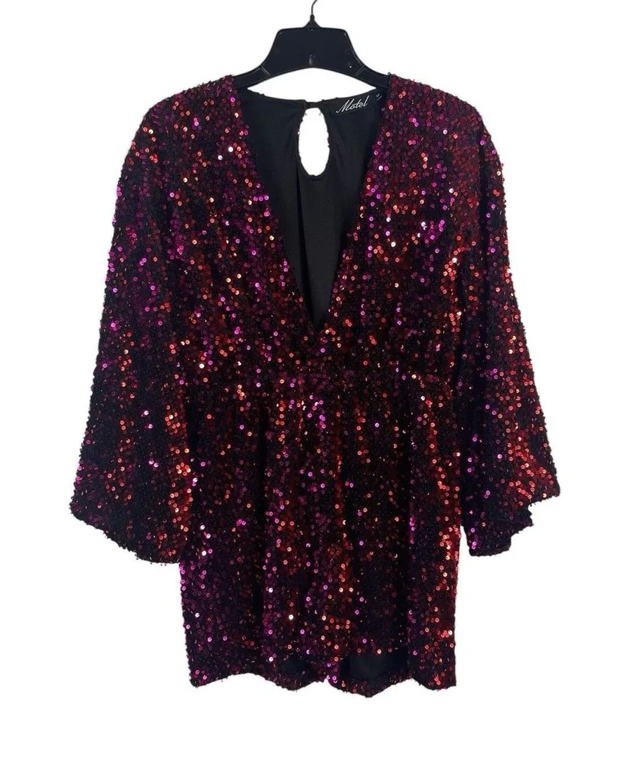 Motel Red & Burgundy Sequin Long Sleeve Romper Women’s M Deep V Party Club