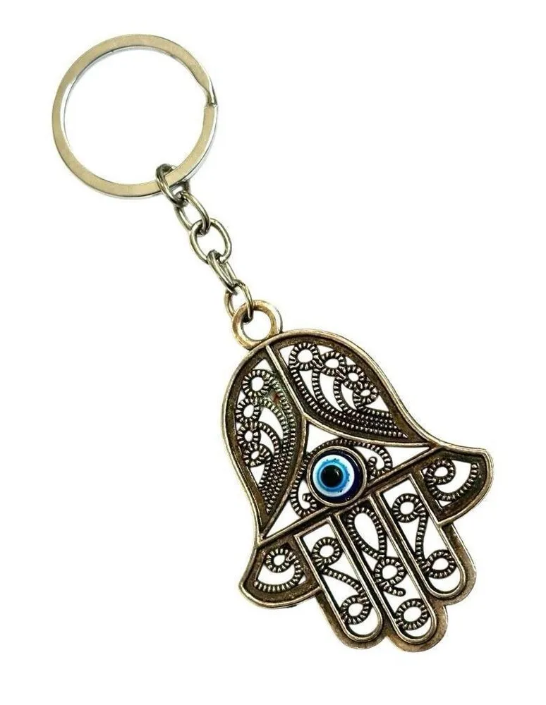 Hamsa keychain with evil eye center Silver