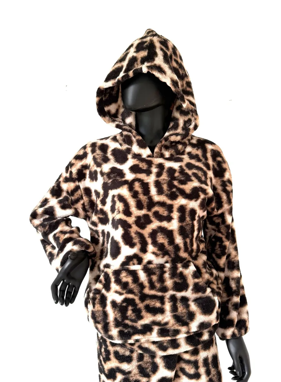 Microfiber Leopard Pajama Set Hoodie Joggers Loungewear Sleepwear Animal Primt Brown
