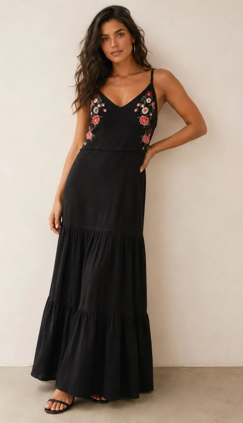 Black Embroidered Floral Maxi Dress Spaghetti Strap Boho Tiered Women’s Size L