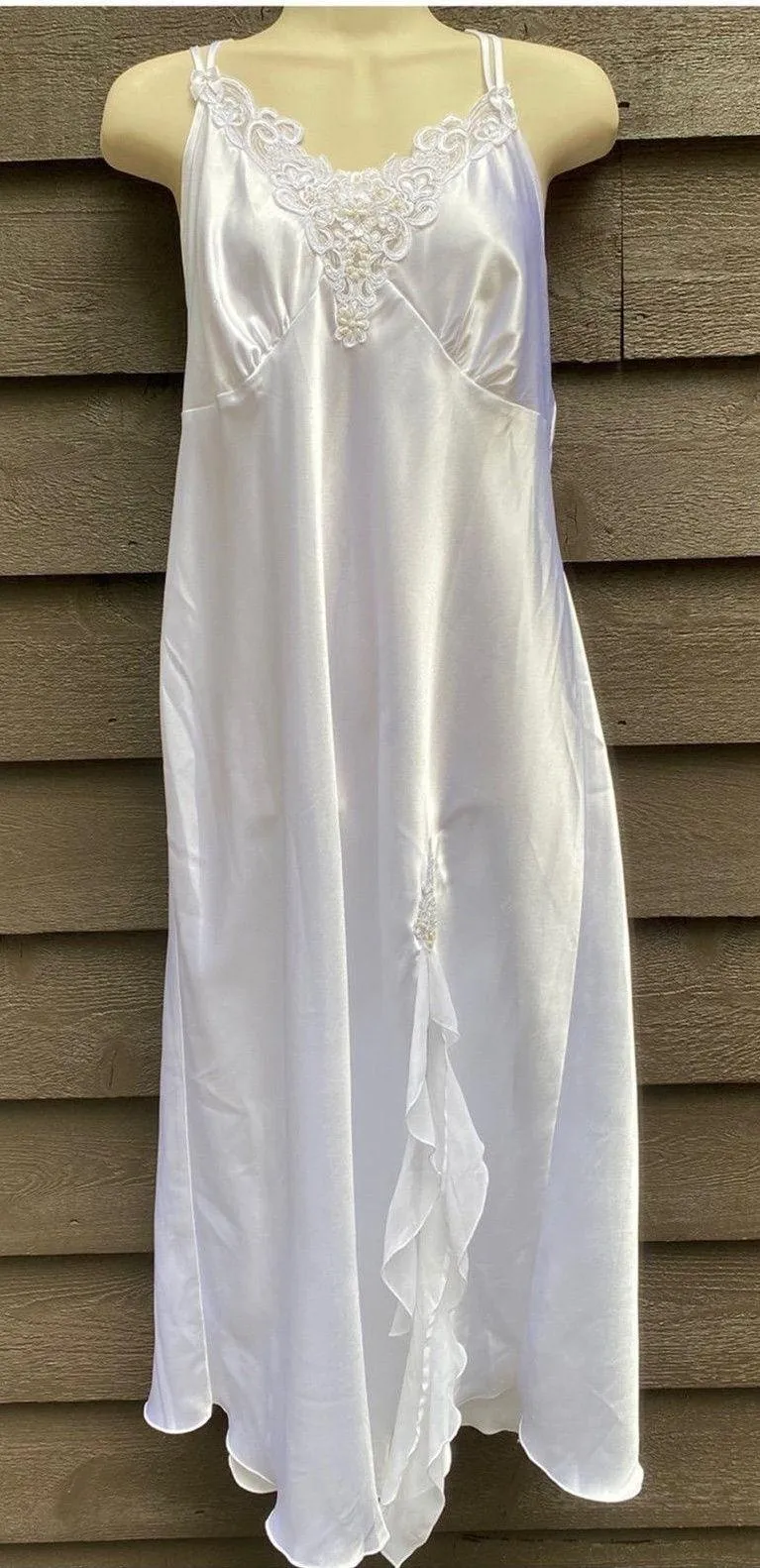 Vtg White Satin Lace Maxi Slip Dress L Bridal Nightgown Beaded Deadstock NWT Size L