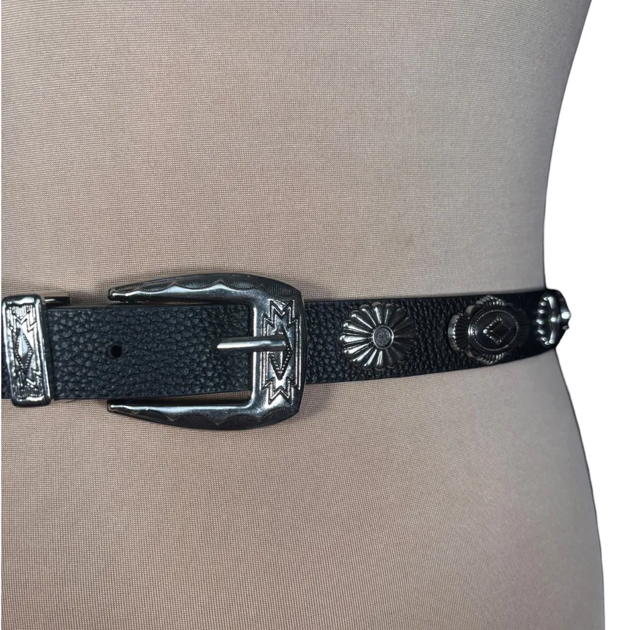 Black Leather Western Concho Belt Silver Southwestern Boho Cowgirl Ranchwear
