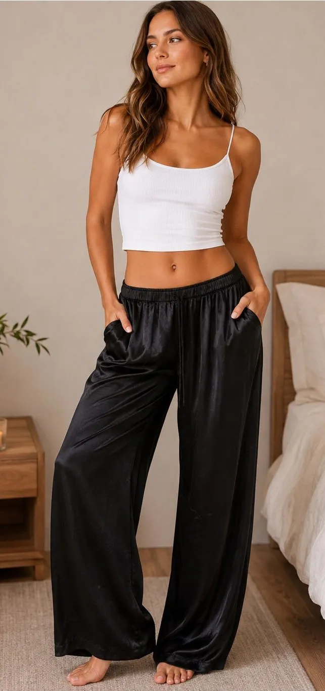 PJ Harlow Mo Black Satin Wide Leg Pajama Pants Lounge Sleepwear