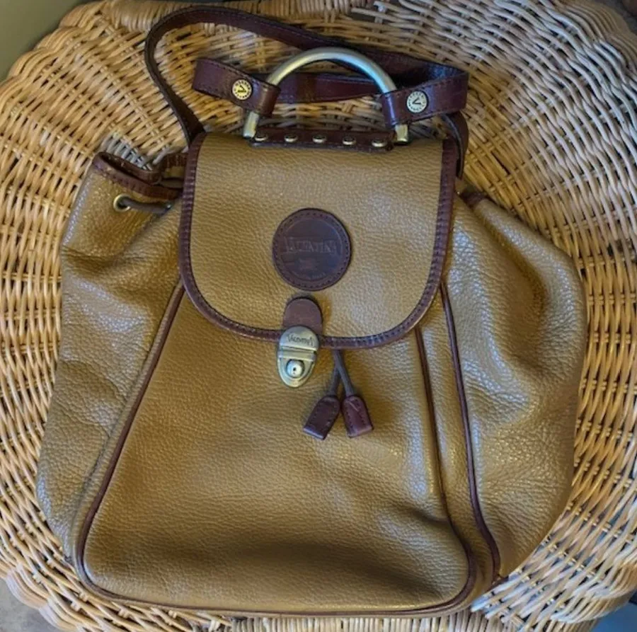 Valentina Italian Genuine Pebbled Brown Leather Drawstring Backpack Tan