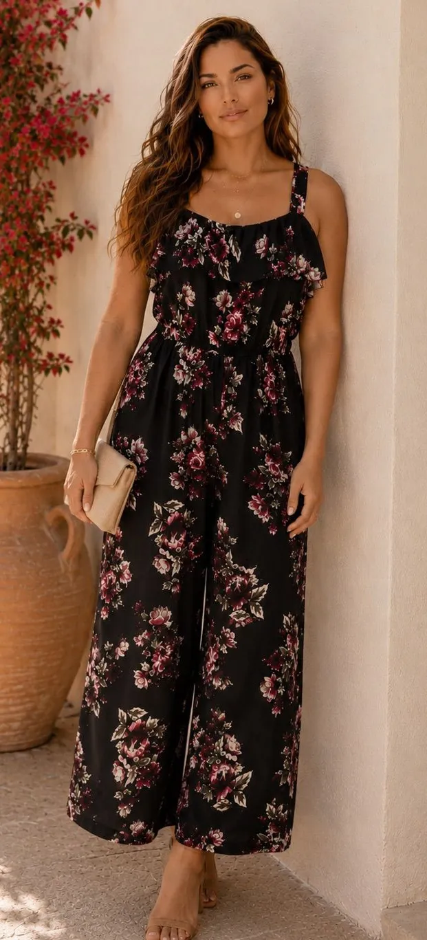 No Boundaries Floral Ruffle Cold Shoulder Jumpsuit XL 15-17 Black Pink Wide Leg