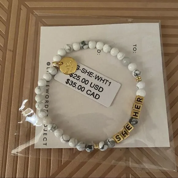 Little Words Project Bracelet She Her Stretch Beaded Gold Marble Neutral Casual White