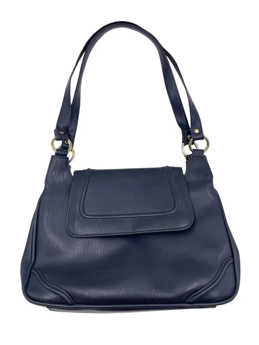 Vintage Navy Blue Faux Leather Shoulder Bag Purse Double Handles Minimalist 90s