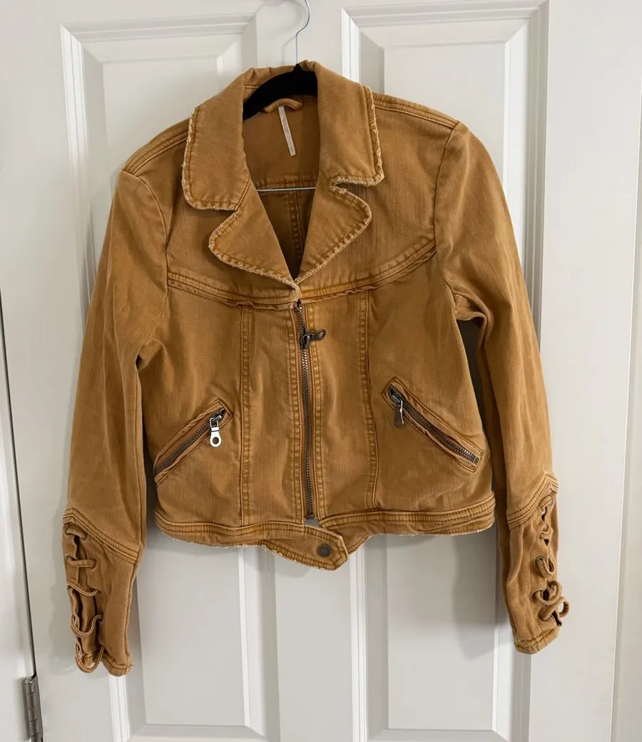 Free People Tan denim Moto Jacket with Lace-Up Sleeves
