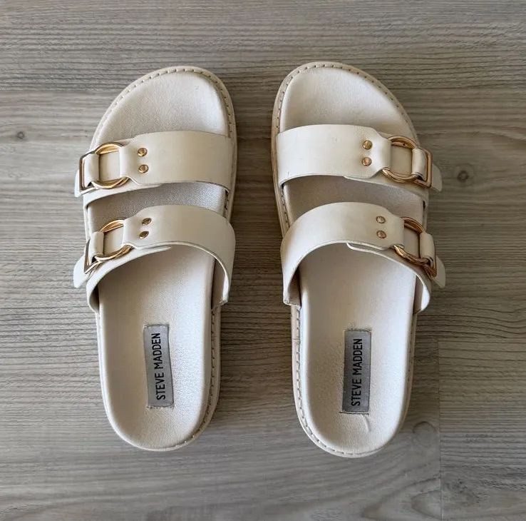 Steve Madden Cream Slide Sandals with Gold Buckles