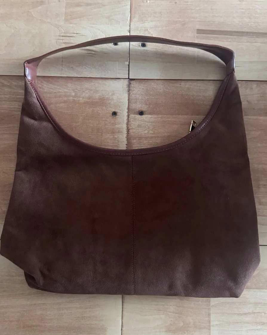 Brown Faux Suede Hobo Shoulder Bag Minimalist Slouchy Gold Zip Purse Large NWOT