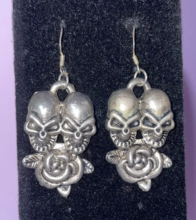 Vintage Silver Double Skull and Rose Dangle Earrings Goth Grunge Punk Witchy