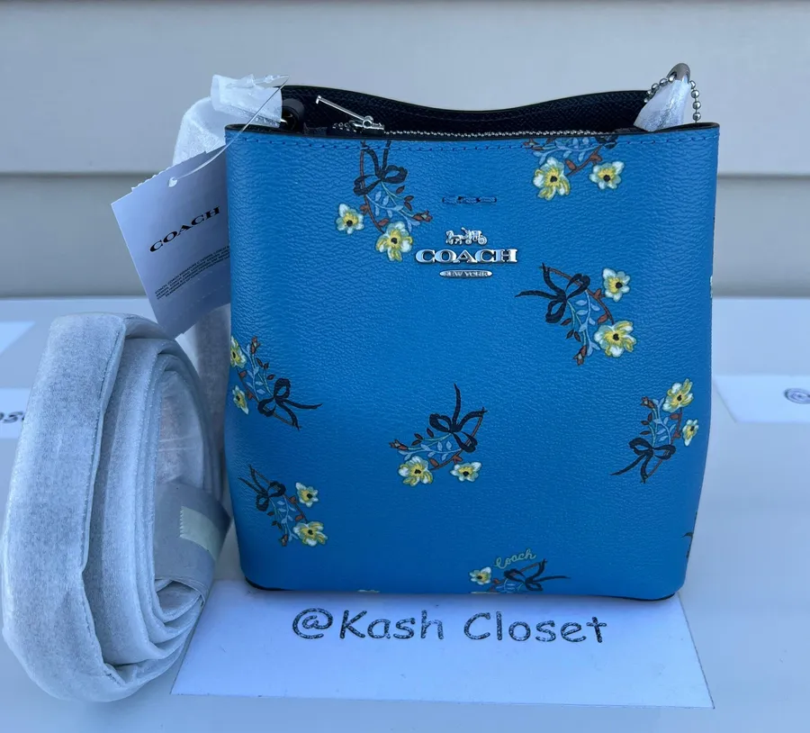 Mini Town Bucket Bag With Floral Bow Print -Blue Multi