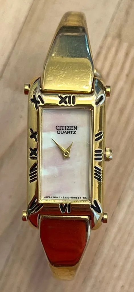 Citizen Ladies Watch Gold-Tone Bangle Bracelet Rainbow Pearl Rectangular Dial