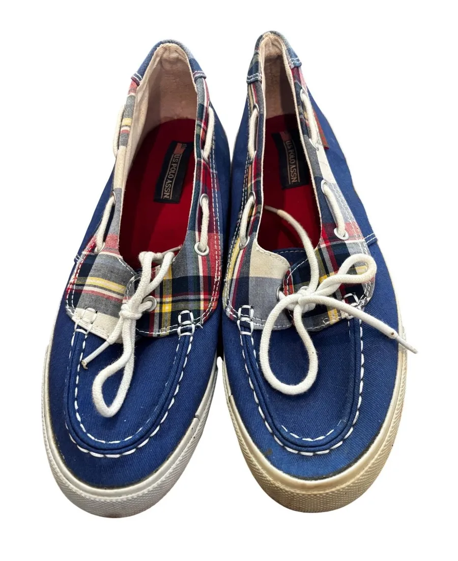 U.S. Polo Assn Boat Shoes 8.5 Blue Plaid Canvas Nautical Preppy Loafers JTA3489