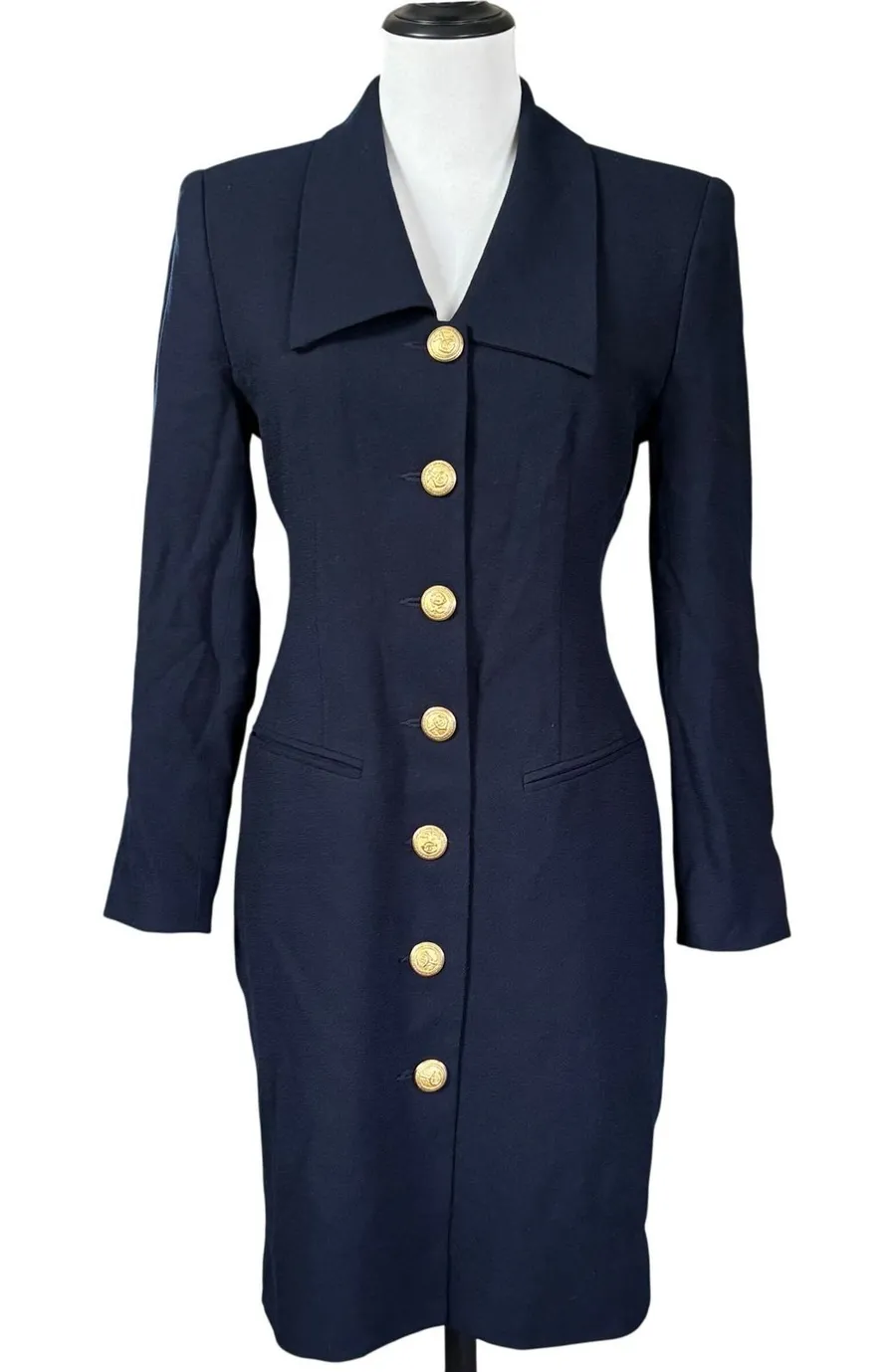 Vintage 90s Sunny Names 100% Wool Navy Long Blazer Coat Petite 4 Gold Buttons Blue Size 4P