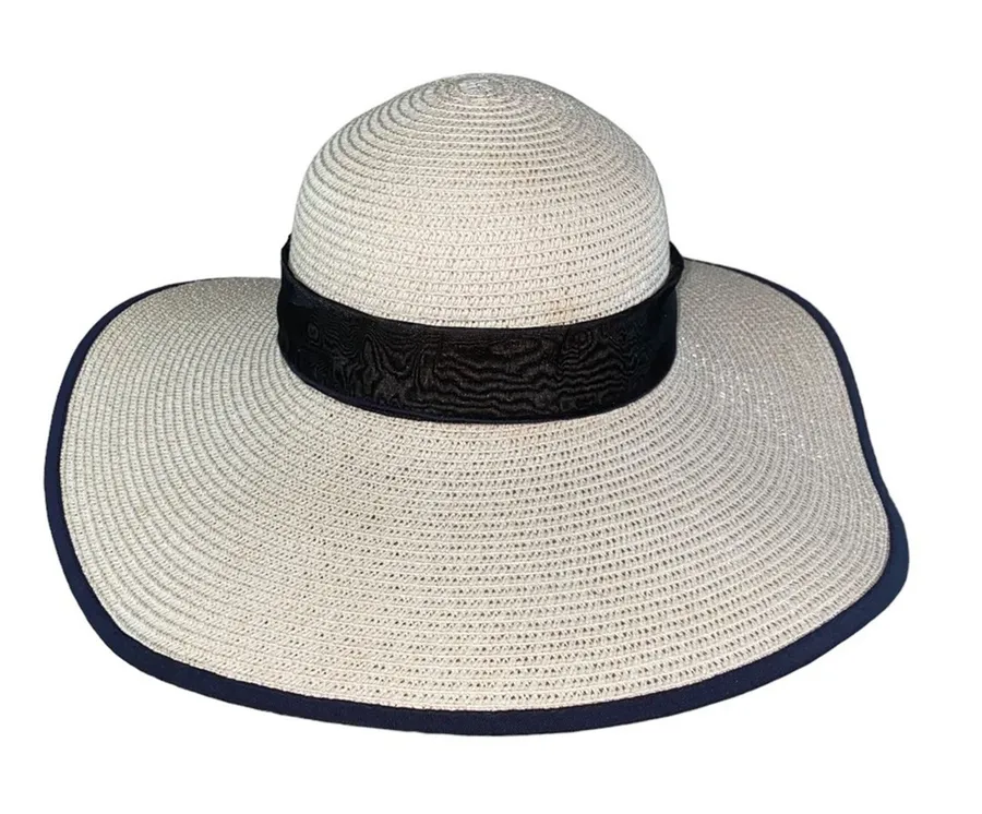 Wide Brim Paper Straw Sun Hat Beige Black Organza Ribbon Bow Adjustable