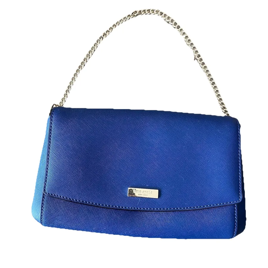 Kate Spade Laurel Way Greer Saffiano Leather Purse Clutch Navy Blue Gold Chain