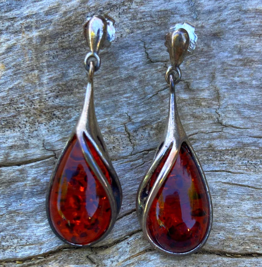 Vintage Baltic Amber Sterling Silver Dangle Teardrop Earrings 926 Poland