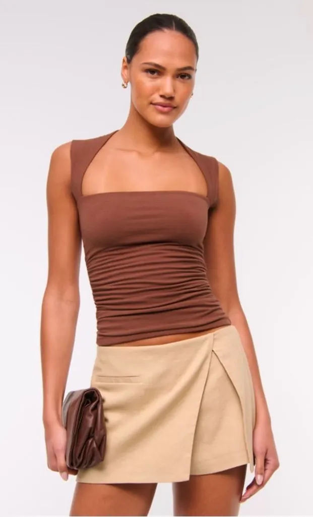Tan Beige Mid Rise Micro Wrap Mini Skort